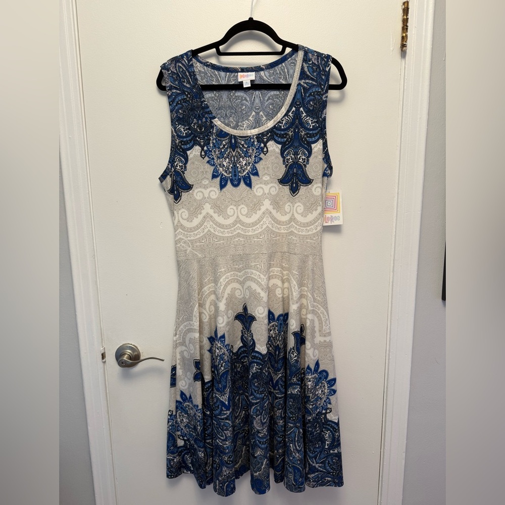 LuLaRoe Blue and Cream Patterned Midi Dress